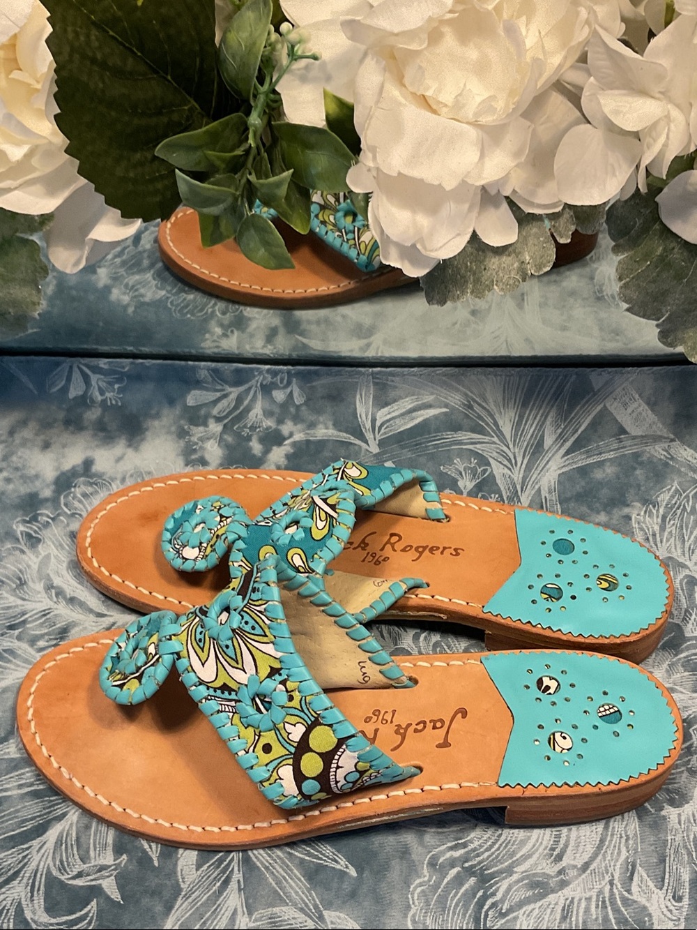Jack Rogers Turquoise Floral Pattern Leather Thong Sandals - Picture 5 of 6